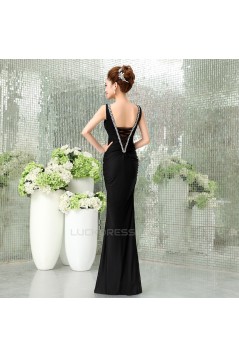 Trumpet/Mermaid V-Neck Beaded Long Black Prom Evening Formal Dresses ED011293