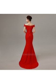 Trumpet/Mermaid Off-the-Shoulder Long Red Lace Prom Evening Formal Dresses ED011297