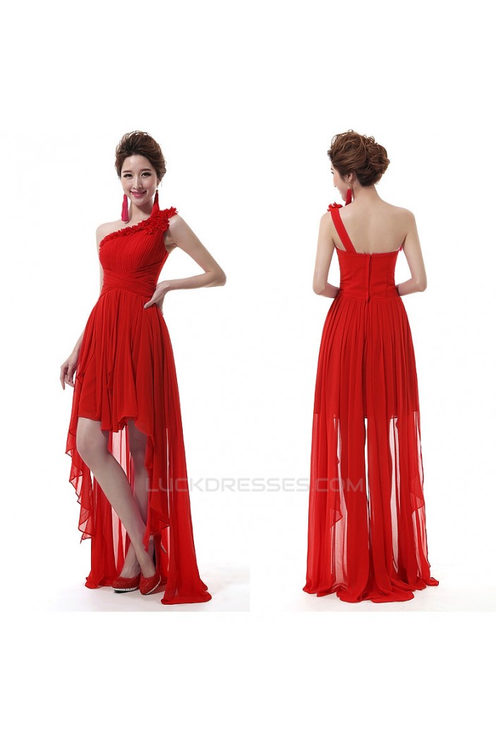 High Low One-Shoulder Short Red Chiffon Prom Evening Formal Dresses ED011299