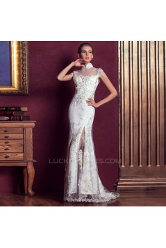 Trumpet/Mermaid High-Neck Beaded Long White Applique Prom Evening Wedding Dresses ED011312