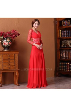 A-Line V-Neck 3/4 Sleeve Long Red Prom Evening Formal Dresses ED011313