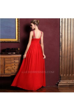 A-Line V-Neck Beaded Long Red Chiffon Prom Evening Formal Dresses ED011316