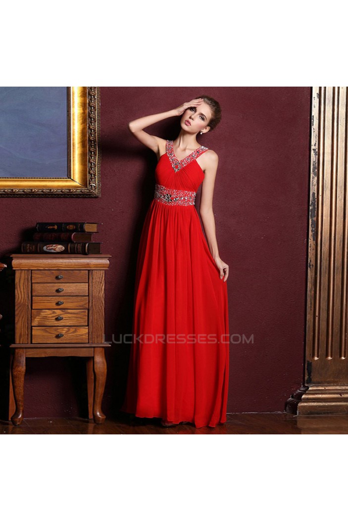 A-Line V-Neck Beaded Long Red Chiffon Prom Evening Formal Dresses ED011316