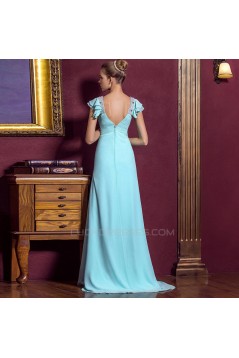 A-Line V-Neck Beaded Cap-Sleeve Long Blue Chiffon Prom Evening Formal Dresses ED011323