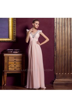 Sheath/Column V-Neck Beaded Long Pink Chiffon Prom Evening Formal Dresses ED011325