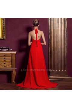 A-Line Halter Beaded Long Red Chiffon Prom Evening Formal Dresses ED011332