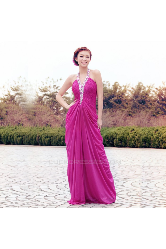 Sheath/Column Halter Beaded Long Chiffon Prom Evening Formal Dresses ED011337