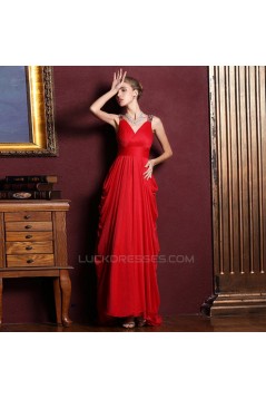 Sheath/Column V-Neck Beaded Long Chiffon Prom Evening Formal Dresses ED011348