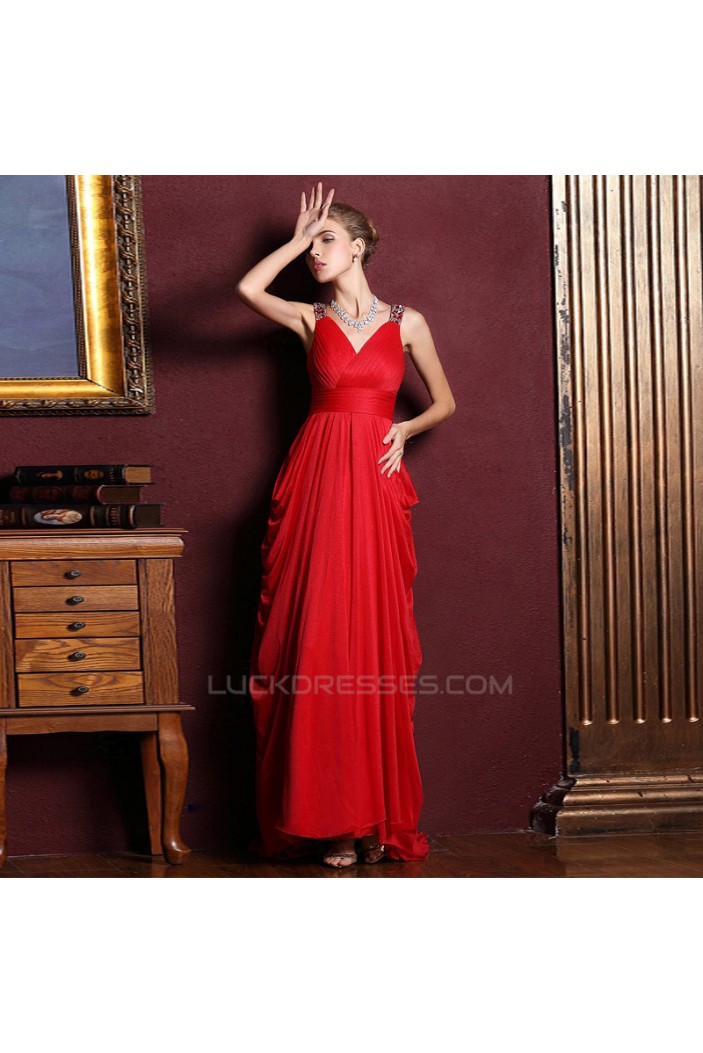 Sheath/Column V-Neck Beaded Long Chiffon Prom Evening Formal Dresses ED011348