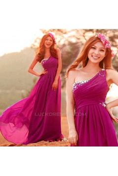 A-Line One-Shoulder Beaded Long Chiffon Prom Evening Formal Dresses ED011349