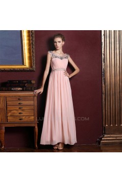 A-Line Beaded Long Pink Chiffon Prom Evening Formal Dresses ED011354