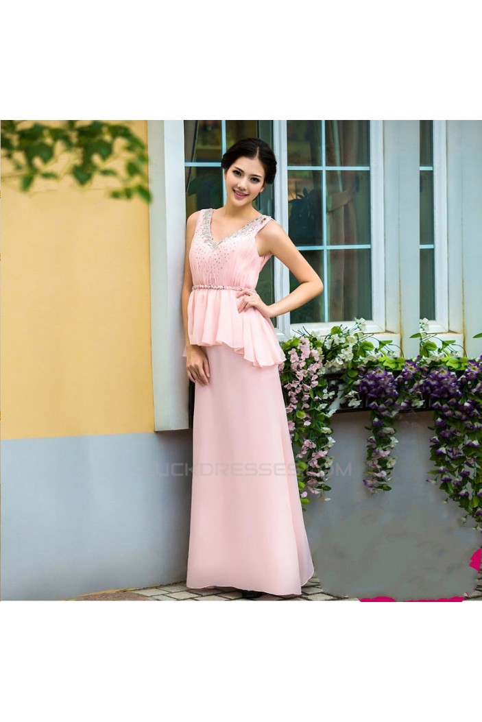 Affordable V-Neck Long Pink Beaded Chiffon Prom Evening Formal Dresses ED011355