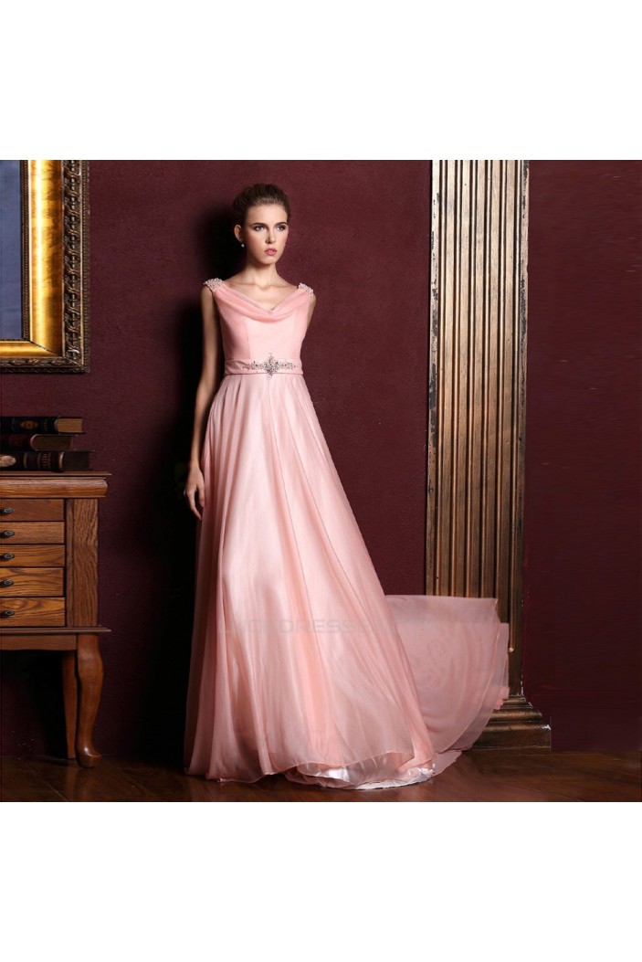 A-Line Beaded Long Pink Chiffon Prom Evening Formal Dresses ED011356