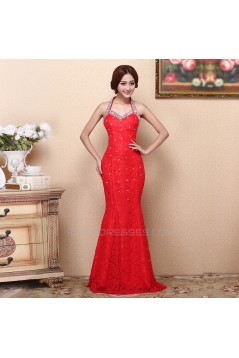 Trumpet/Mermaid Halter Beaded Long Red Lace Prom Evening Formal Dresses ED011373