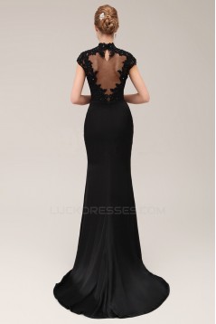 Trumpet/Mermaid High-Neck Cap-Sleeve Beaded Applique Long Black Prom Evening Formal Dresses ED011380