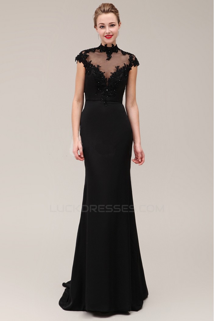 Trumpet/Mermaid High-Neck Cap-Sleeve Beaded Applique Long Black Prom Evening Formal Dresses ED011380