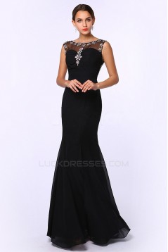 Trumpet/Mermaid Beaded Long Black Chiffon Prom Evening Formal Dresses ED011382