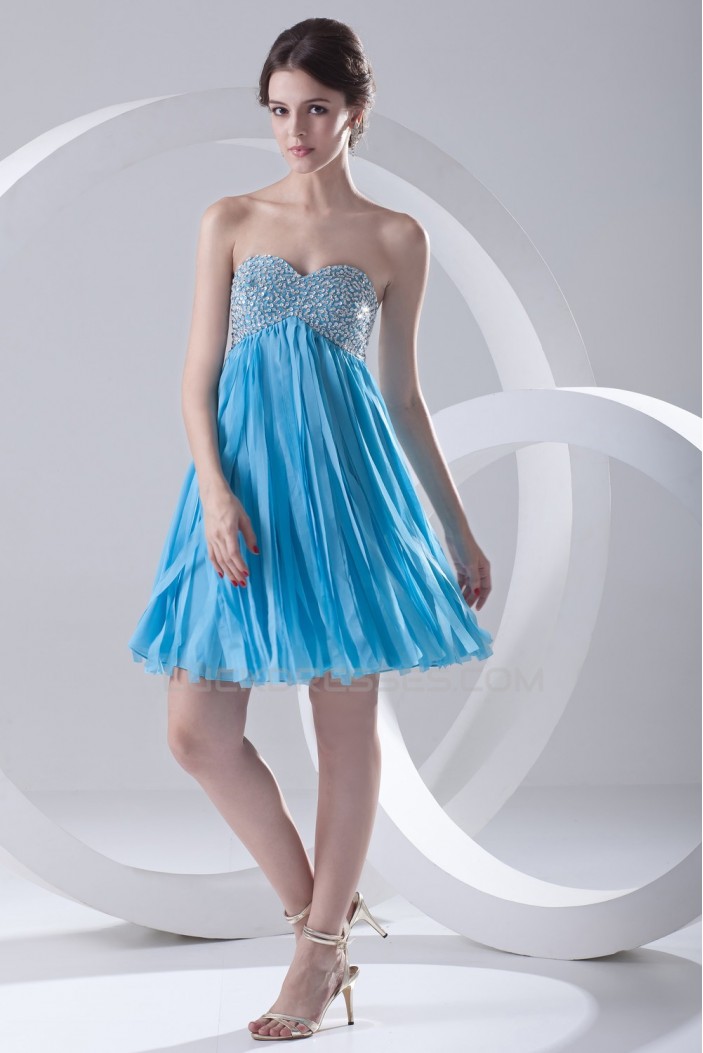 A-Line Sweetheart Beaded Short Blue Chiffon Prom Evening Bridesmaid Dresses ED011384