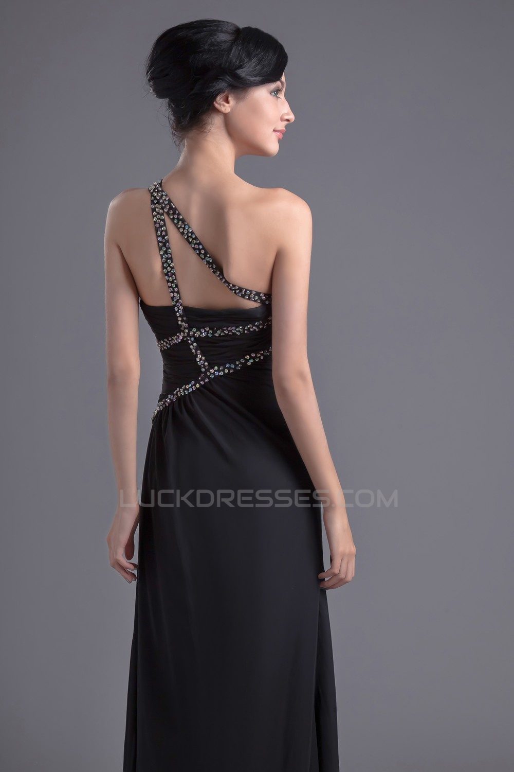 Sheathcolumn One Shoulder Beaded Long Black Chiffon Prom Evening Formal Dresses Ed011389 