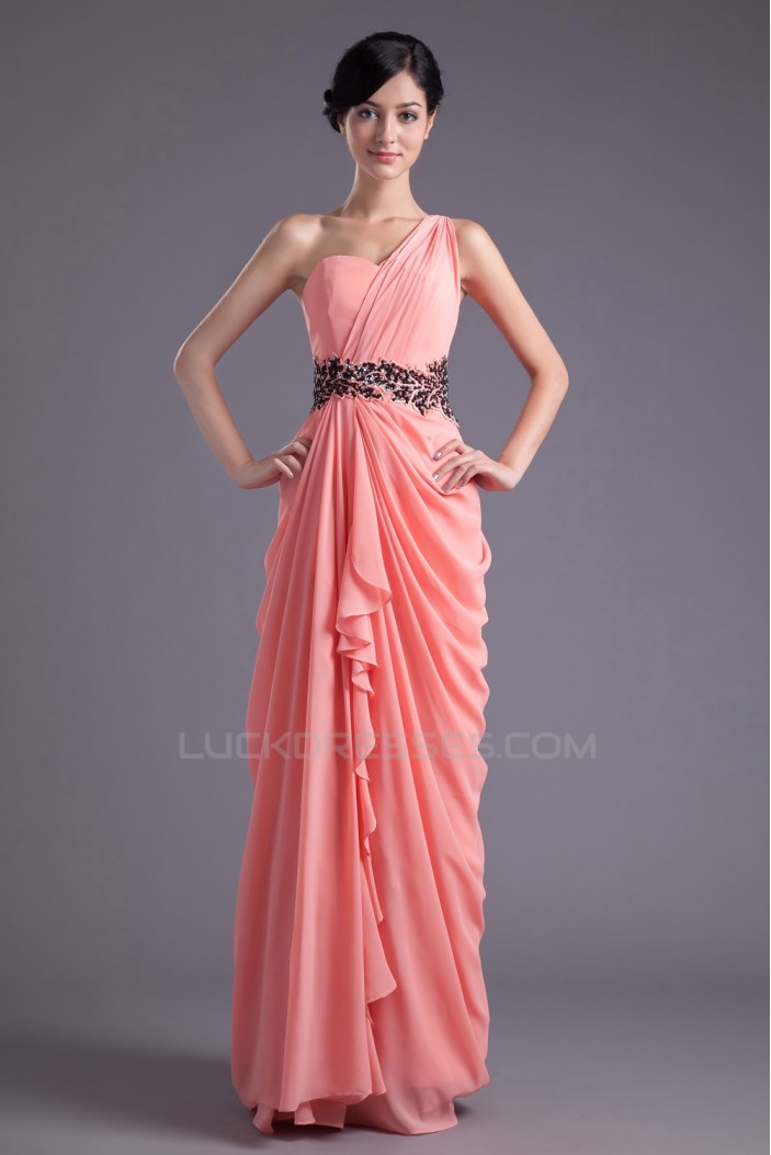 Sheath/Column One-Shoulder Beaded Long Chiffon Prom Evening Formal Dresses ED011390