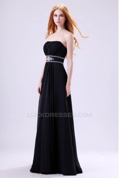 A-Line Strapless Beaded Long Black Chiffon Prom Evening Formal Dresses ED011392