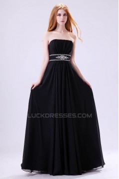 A-Line Strapless Beaded Long Black Chiffon Prom Evening Formal Dresses ED011392