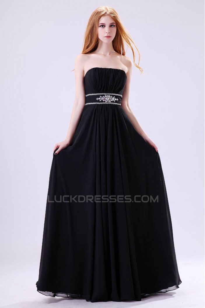 A-Line Strapless Beaded Long Black Chiffon Prom Evening Formal Dresses ED011392