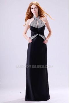 A-Line Halter Beaded Long Black Chiffon Prom Evening Formal Dresses ED011393