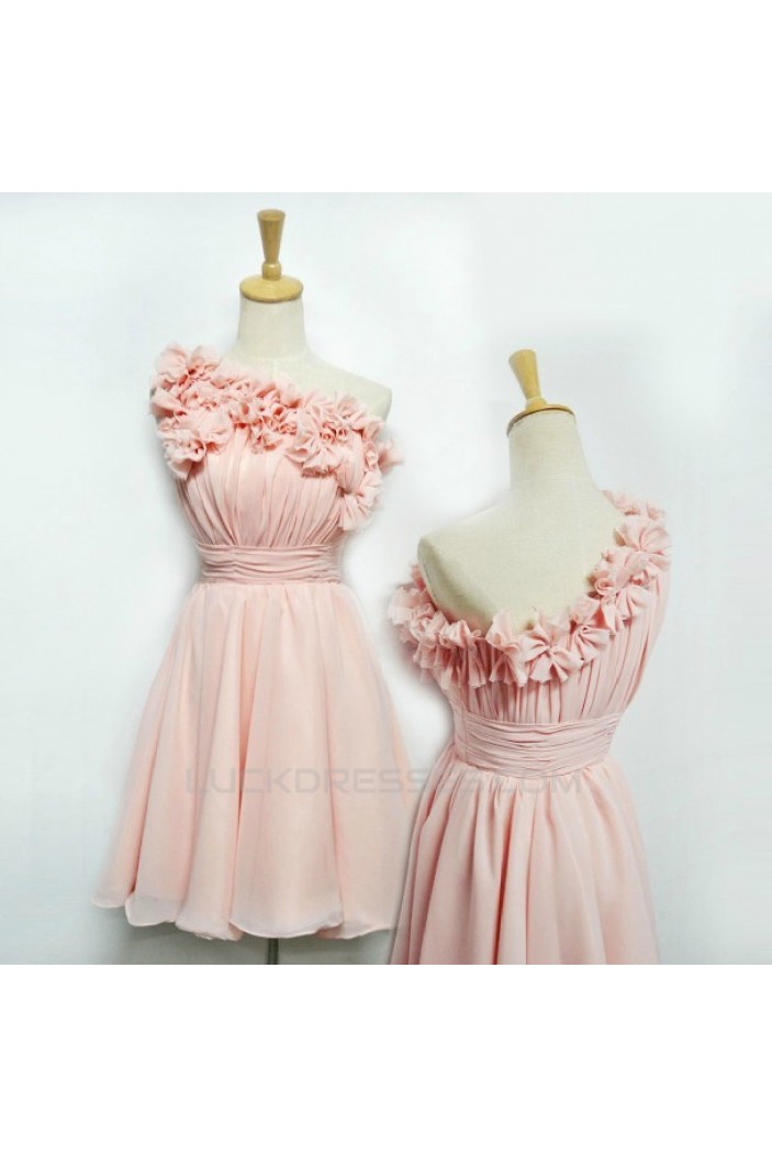 A-Line One-Shoulder Short Pink Chiffon Prom Evening Bridesmaid Dresses ED011407