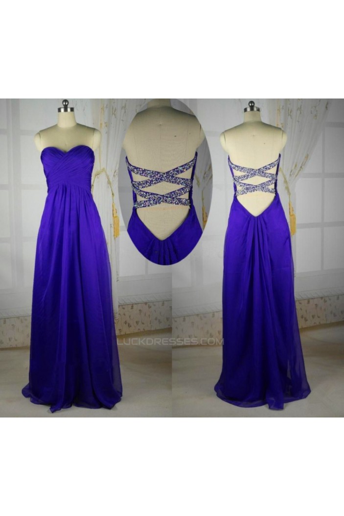 A-Line Sweetheart Beaded Long Blue Chiffon Prom Evening Bridesmaid Dresses ED011409