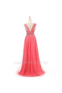 A-Line Beaded Straps Sleeveless Long Chiffon Prom Evening Formal Dresses ED011413