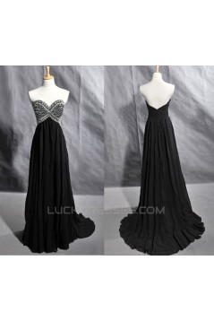 A-Line Sweetheart Beaded Long Black Chiffon Prom Evening Formal Dresses ED011418