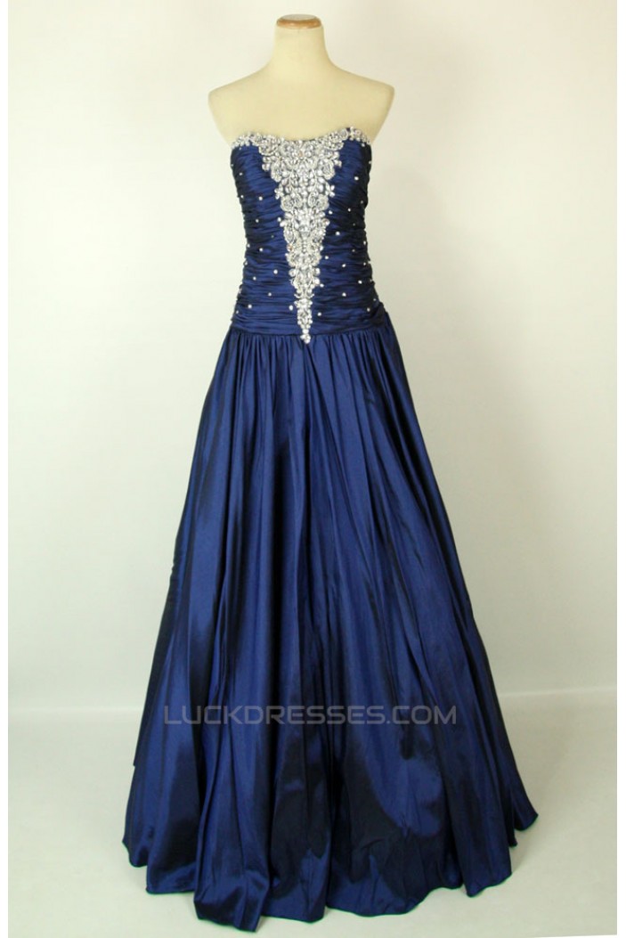 A-Line Strapless Beaded Long Blue Prom Evening Formal Dresses ED011419