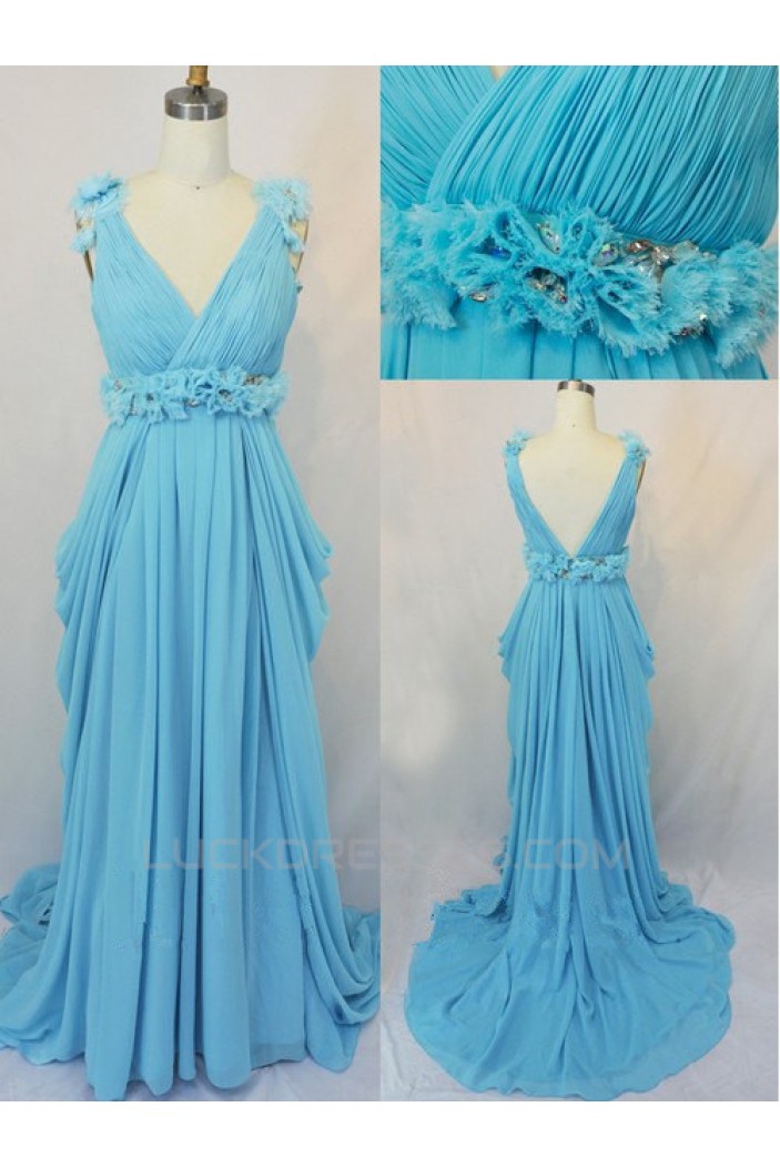 Sheath/Column V-Neck Long Blue Chiffon Prom Evening Formal Dresses ED011423