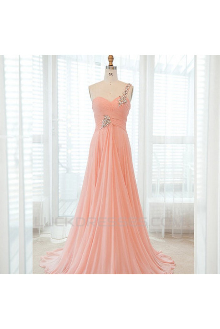 A-Line One-Shoulder Beaded Long Chiffon Prom Evening Formal Dresses ED011427