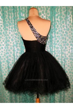 A-Line One-Shoulder Beaded Black Prom Evening Cocktail Dresses ED011439