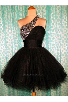 A-Line One-Shoulder Beaded Black Prom Evening Cocktail Dresses ED011439