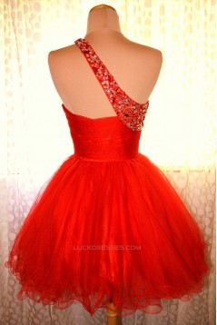 A-Line One-Shoulder Beaded Red Prom Evening Cocktail Dresses ED011441