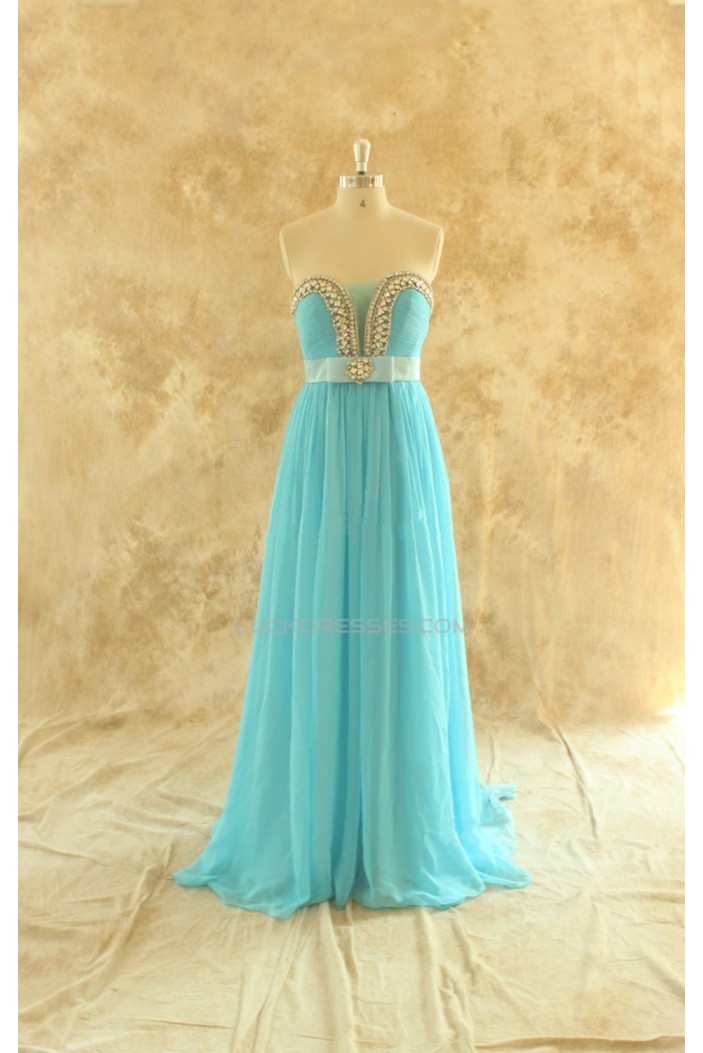 A-Line Beaded Long Blue Chiffon Prom Evening Formal Dresses ED011448