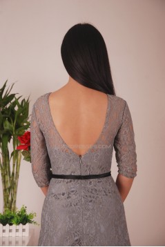 A-Line Bateau Short Grey Lace Prom Evening Formal Dresses ED011453