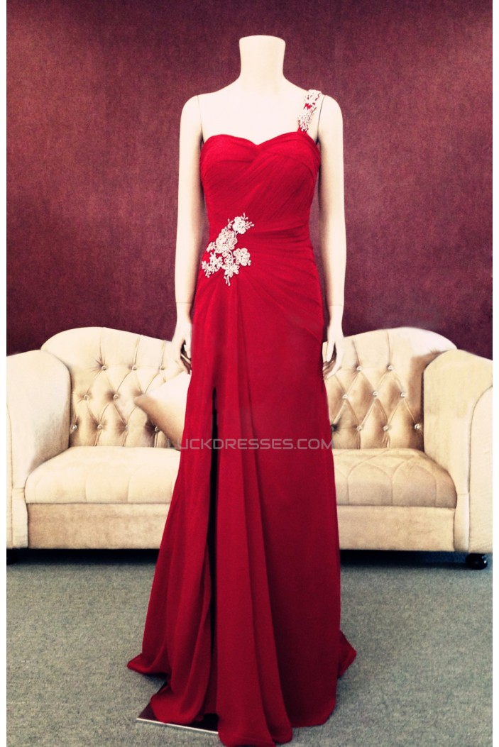 Sheath One-Shoulder Long Red Chiffon Prom Evening Formal Dresses ED011462