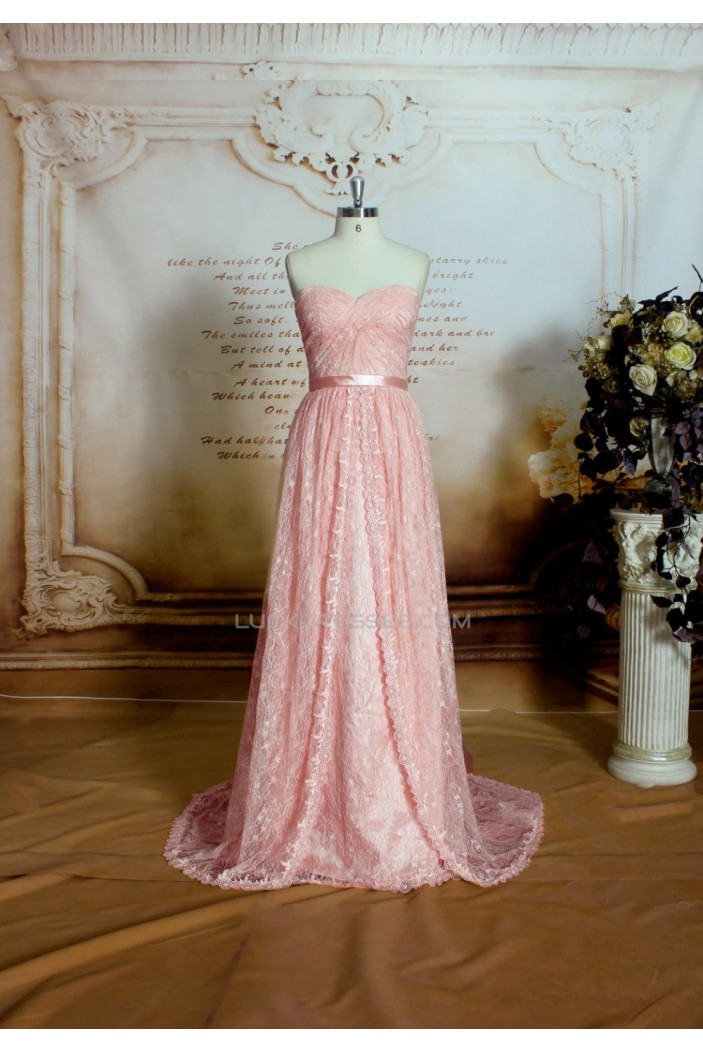 Sheath/Column Sweetheart Long Pink Lace Prom Evening Formal Dresses ED011470