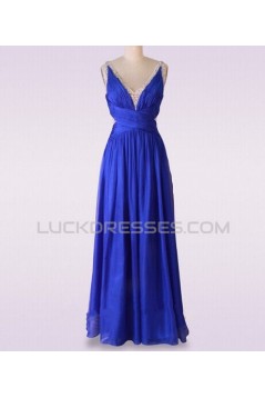 A-Line V-Neck Beaded Long Blue Chiffon Prom Evening Formal Dresses ED011475