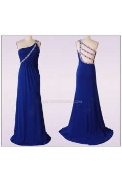 Sheath/Column Beaded One-Shoulder Long Blue Chiffon Prom Evening Formal Dresses ED011476