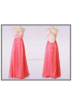 A-Line One-Shoulder Beaded Long Pink Chiffon Prom Evening Formal Dresses ED011478