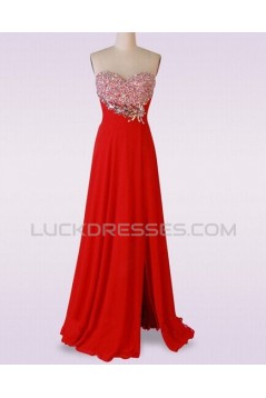 A-Line Sweetheart Beaded Long Red Chiffon Prom Evening Formal Dresses ED011482