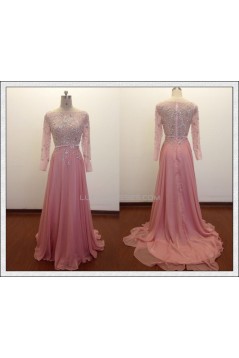 A-Line Bateau Beaded Long Pink Chiffon Prom Evening Formal Dresses ED011486