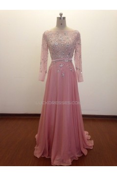 A-Line Bateau Beaded Long Pink Chiffon Prom Evening Formal Dresses ED011486