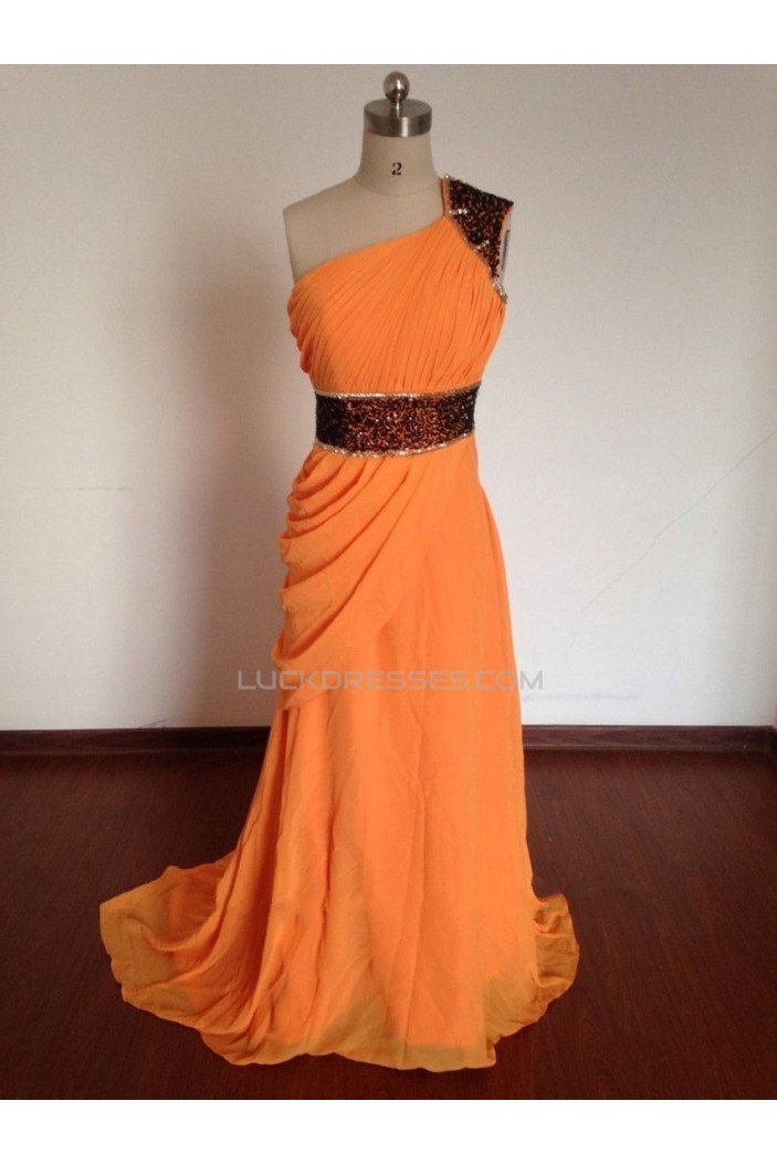 A-Line One-Shoulder Beaded Long Chiffon Prom Evening Formal Dresses ED011497