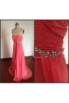 A-Line Strapless Beaded Long Pink Chiffon Prom Evening Formal Dresses ED011498